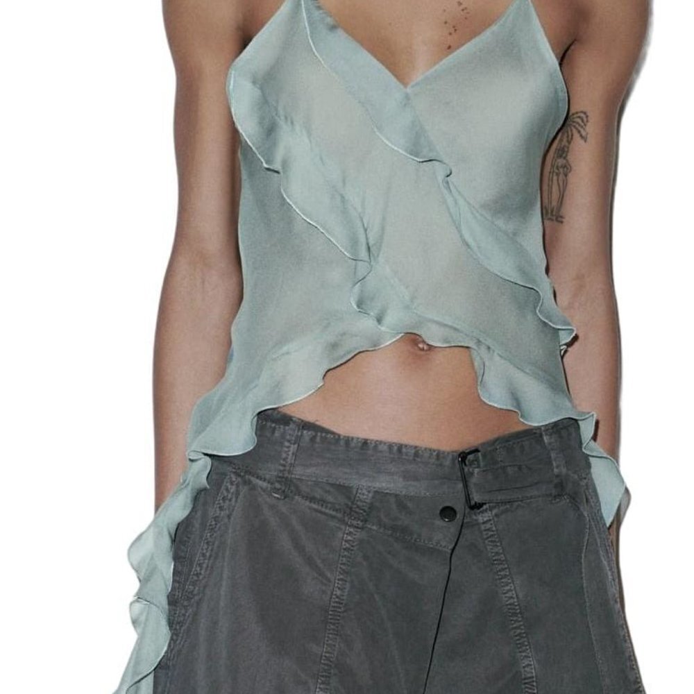 ZARA SEMI-SHEER STRAPPY BLOUSE EMERALD SIZE L | 2625/342